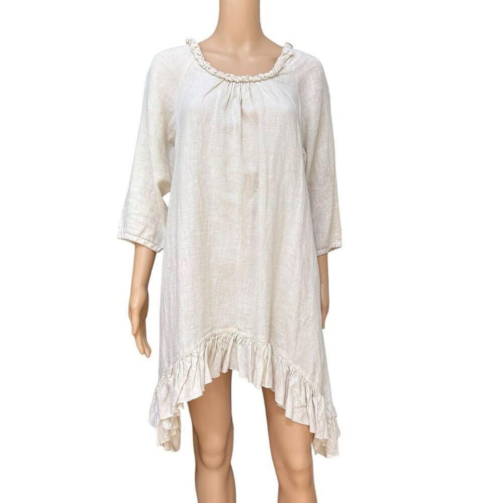 API designs 100% linen dress ivory ruffled neckline asymmetrical hemline flowy S